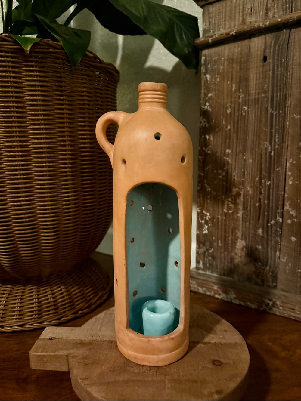 Vintage Chanticleer Pottery Terracotta Candle Lantern Jug Blue Glaze Signed